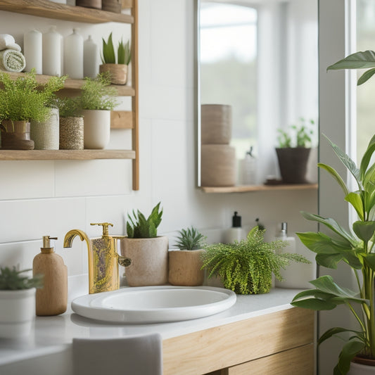 A tidy, modern bathroom with a DIY wooden shelf above the sink, holding a few decorative bottles and a small potted plant, surrounded by clean lines, minimal decor, and a soft, natural light.