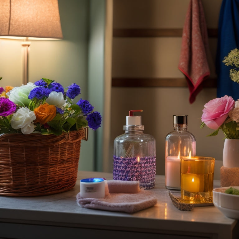 A serene bathroom scene with a dollar store basket overflowing with colorful bathroom essentials, surrounded by candles, flowers, and a few cleverly repurposed items like a mason jar soap dispenser.