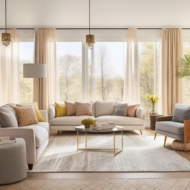 A bright, airy, and modern living room with a compact sectional sofa, a geometric-patterned area rug, and floor-to-ceiling curtains that reflect natural light, set against a soft, creamy background.