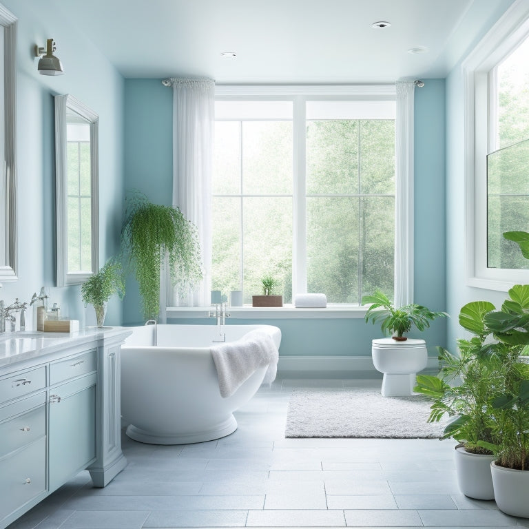 A serene white and light blue bathroom with a freestanding tub, rain showerhead, heated floors, LED-lit mirror, and sleek wall-mounted fixtures, surrounded by lush greenery and natural light pouring in.