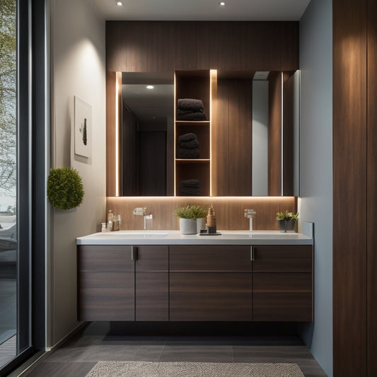 A sleek, modern bathroom with a large, wall-to-ceiling cabinet featuring a mirror door, ambient LED lighting, and a combination of open and closed storage compartments in a rich, dark wood tone.