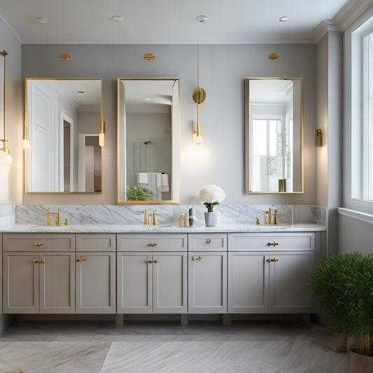 A sleek, modern bathroom with three wall-mounted mirror door cabinets in different styles and sizes, surrounded by soft lighting, marble countertops, and a freestanding tub.