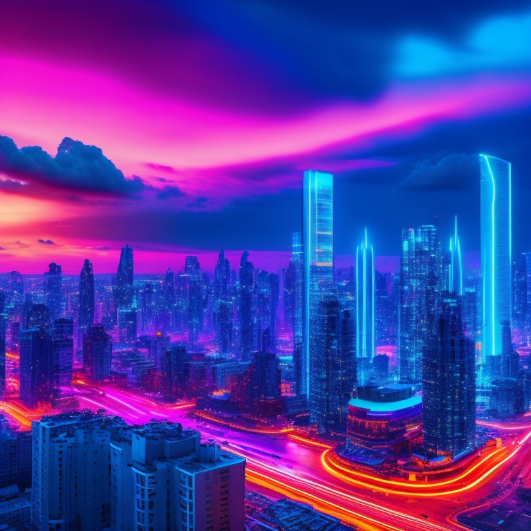 A futuristic cityscape at dusk with neon lights reflecting off sleek skyscrapers, surrounded by swirling clouds of colorful pixels and stylized coding symbols, blending digital innovation with urban landscape.