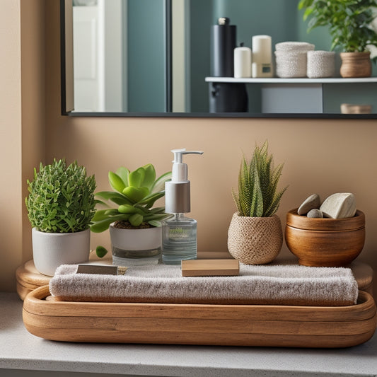 A serene bathroom counter with three bamboo organizers of varying sizes, each containing neatly arranged toiletries, surrounded by a few decorative pebbles and a small potted succulent.