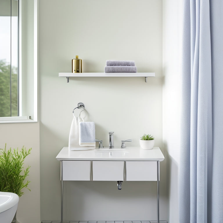 A serene bathroom with a sleek, wall-mounted shelf unit featuring three rectangular glass shelves, chrome brackets, and a minimalist towel bar, surrounded by creamy white walls and soft, natural light.