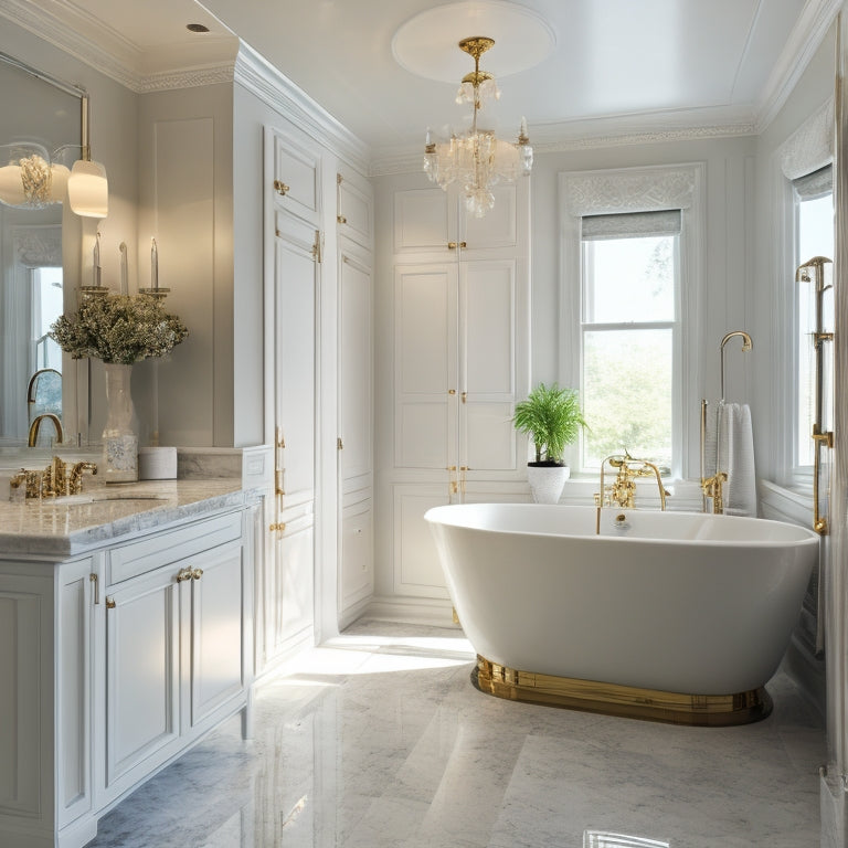 A serene, modern bathroom with a freestanding tub, surrounded by sleek, white cabinets featuring adjustable, glass shelves, and ornate, polished chrome fixtures, set against a soft, gray marble backdrop.