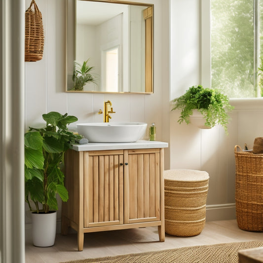 A serene, well-lit bathroom with a wall-mounted cabinet, a pedestal sink with built-in storage, and a woven basket near a freestanding tub, surrounded by lush greenery and soft, neutral tones.