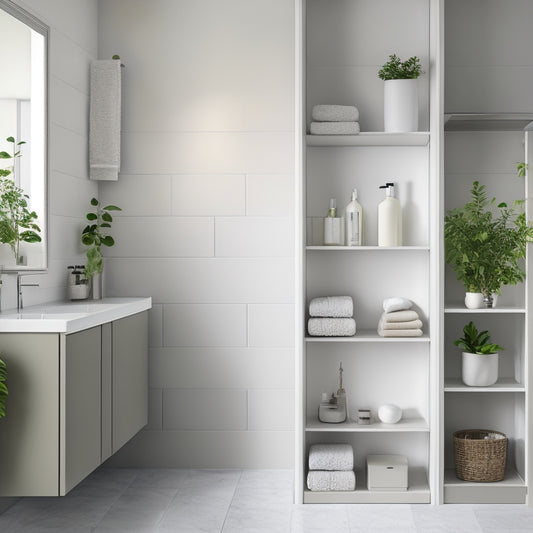 A minimalist bathroom with soft gray walls and white tile flooring, featuring seven sleek shelving units of varying styles and materials, each showcasing decorative towels, toiletries, and greenery.