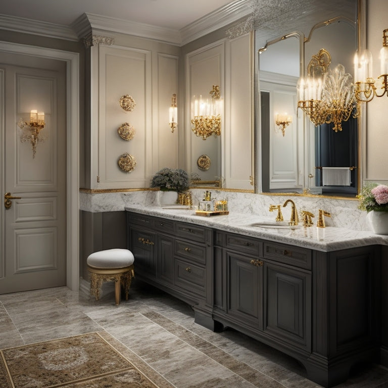 A luxurious bathroom with three wall-mounted sink cabinets in different styles: modern, traditional, and vintage, each with a unique sink and faucet, surrounded by elegant lighting and marble countertops.