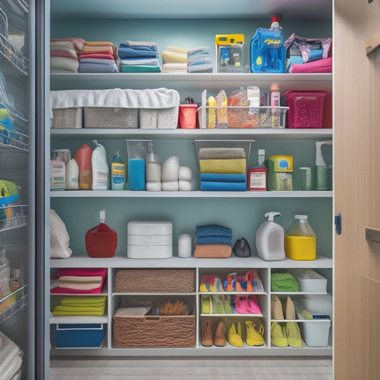 A tidy, well-lit closet with a mix of open shelves and closed cabinets, featuring a rainbow of cleaning supplies, neatly arranged and labeled, with baskets and bins in various shapes and sizes.