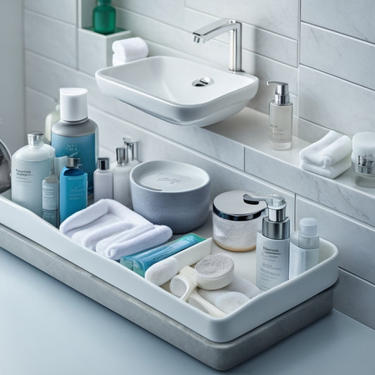 A tidy bathroom countertop with a sleek, white crevice organizer, filled with neatly arranged toiletries, such as toothbrushes, toothpaste, and Q-tips, against a soft, gray background.