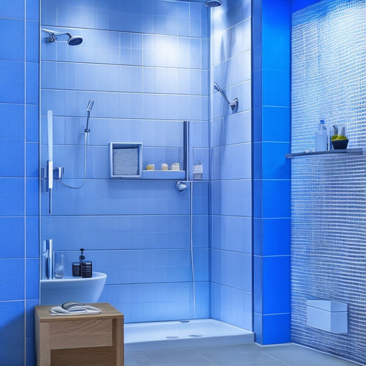 A modern shower with a sleek, wall-mounted shelf featuring a built-in LED light strip, a detachable soap dish, and a slide-out razor holder, set against a calming blue-gray tile backdrop.