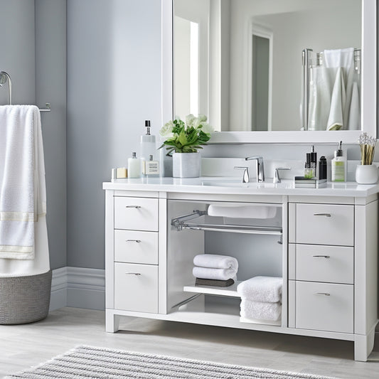 A serene, well-lit bathroom vanity with a sleek, white countertop, featuring a neatly organized makeup station with a rotating beauty product carousel, stacked acrylic storage drawers, and a wall-mounted, chrome-finished towel rack.