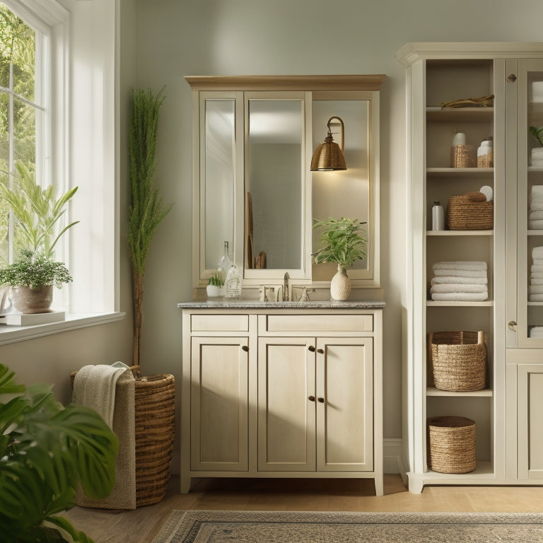 A serene bathroom with a wall-mounted cabinet featuring glass doors, a recessed medicine cabinet, and a freestanding shelving unit with woven baskets, surrounded by lush greenery and soft, warm lighting.