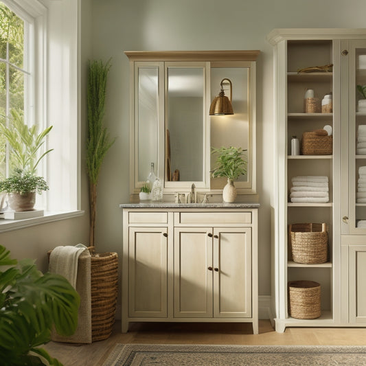 A serene bathroom with a wall-mounted cabinet featuring glass doors, a recessed medicine cabinet, and a freestanding shelving unit with woven baskets, surrounded by lush greenery and soft, warm lighting.