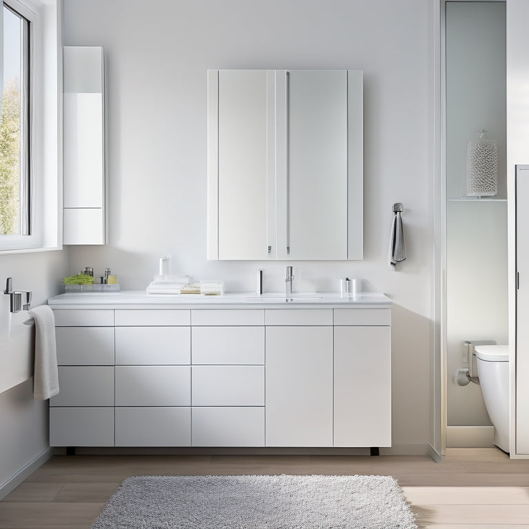 A sleek, modern bathroom with a wall-mounted, floor-to-ceiling slimline cabinet in a crisp white finish, adorned with polished chrome handles, amidst a minimalist, monochromatic backdrop.