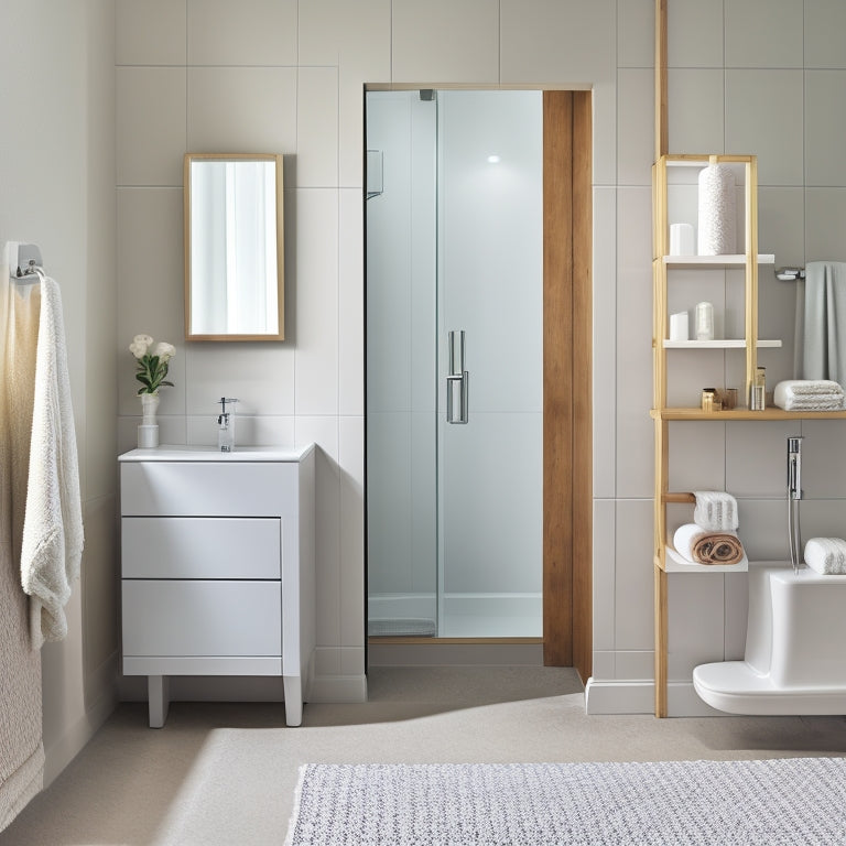 A serene, minimalist bathroom with a wall-mounted cabinet, a pedestal sink, and a compact shower cubicle, featuring a sleek, chrome towel rack and a woven storage basket on the floor.