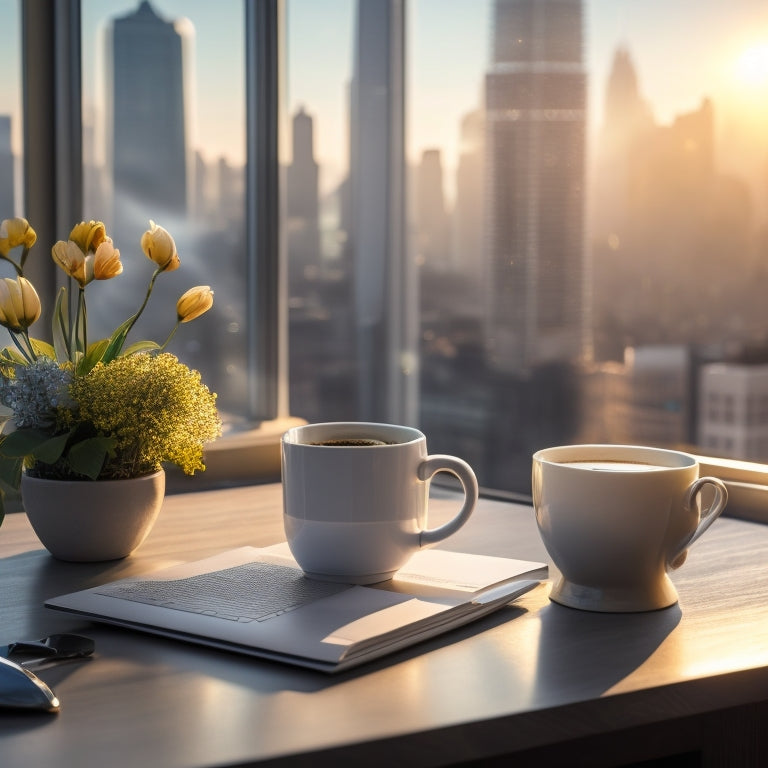 A serene, sun-lit desk with a single, blooming flower, surrounded by sparse, organized papers, a closed laptop, and a steaming cup of coffee, set against a blurred, bustling cityscape background.