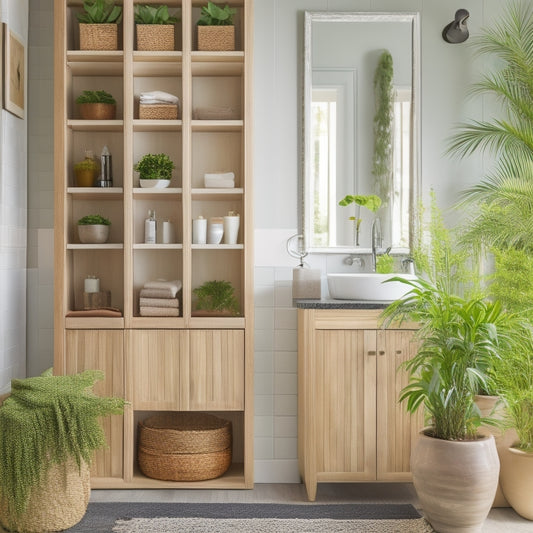 A beautifully organized bathroom cabinet with mirrored doors, featuring tiered wooden shelves, woven baskets, and sleek chrome handles, surrounded by soft, warm lighting and a few potted plants.