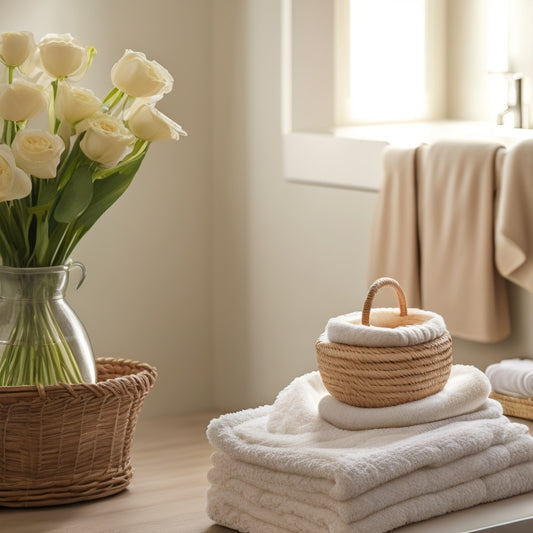A serene, well-lit bathroom with a warm beige tone, featuring a woven basket filled with plush towels, a decorative soap dispenser, and a few fresh flowers on the counter.