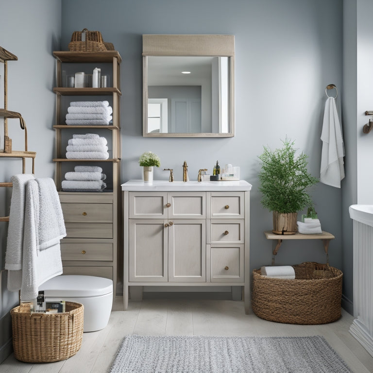 A serene, well-lit bathroom with a freestanding tub, double sink vanity, and sleek, minimalist cabinets, featuring open shelving, woven baskets, and a wall-mounted ladder, showcasing organized toiletries and decorative accents.