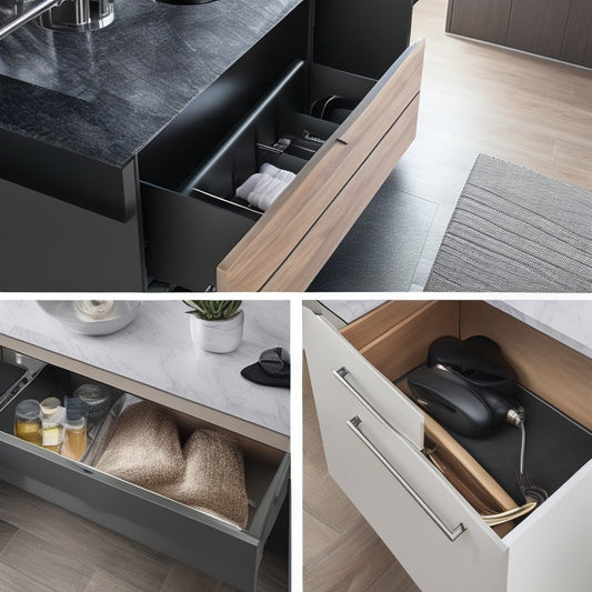 A sleek under-sink storage solution in a modern kitchen, featuring organized pull-out drawers, stylish bins, and a minimalist design. Bright lighting illuminates the space, highlighting the polished finishes and practical arrangement.