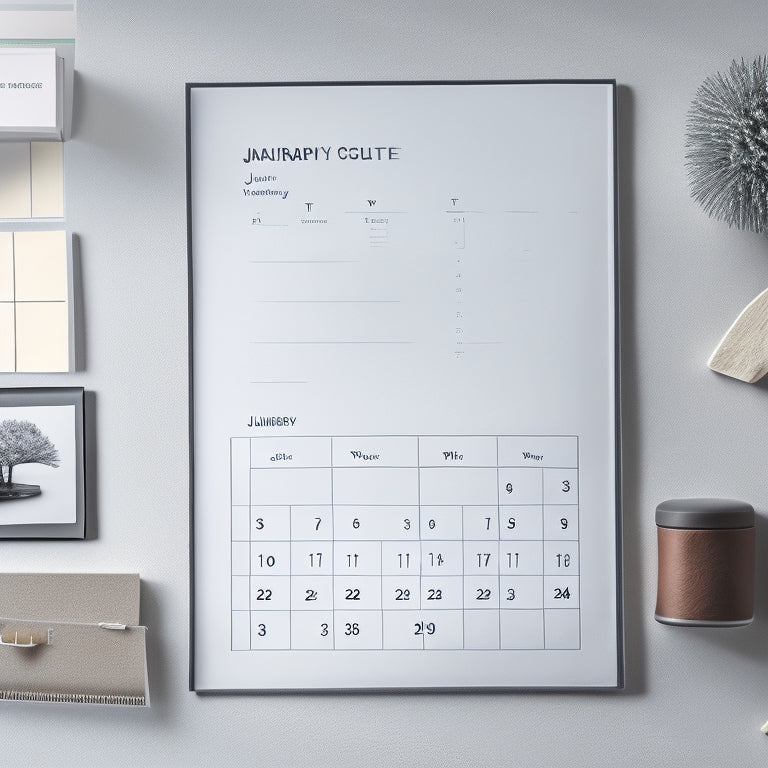 A minimalist illustration featuring a January calendar page with checkboxes and a few completed tasks, surrounded by organized office supplies and a subtle winter background.