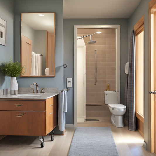 A serene, well-lit bathroom featuring a wheelchair-accessible roll-in shower with a fold-down seat, grab bars, and a wall-mounted, sliding-door cabinet with adjustable shelves.