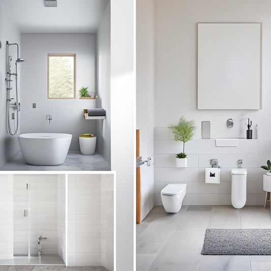 A minimalist bathroom with a freestanding tub, surrounded by 5-7 bathroom layout templates displayed on the walls, each with varying sink, toilet, and shower configurations, in a clean and modern aesthetic.