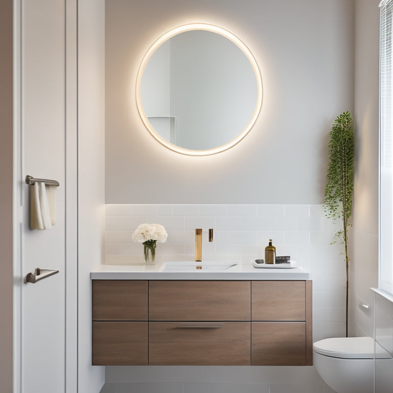 A modern bathroom featuring a sleek, wall-mounted cabinet with a large, rounded mirror above a white countertop, surrounded by warm LED lighting and a minimalist, cream-colored backsplash.