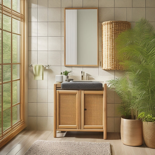 A serene bathroom scene featuring a wall-mounted bamboo cabinet with sliding doors, accompanied by a matching bamboo shelf and woven storage basket, surrounded by lush greenery and soft, warm lighting.