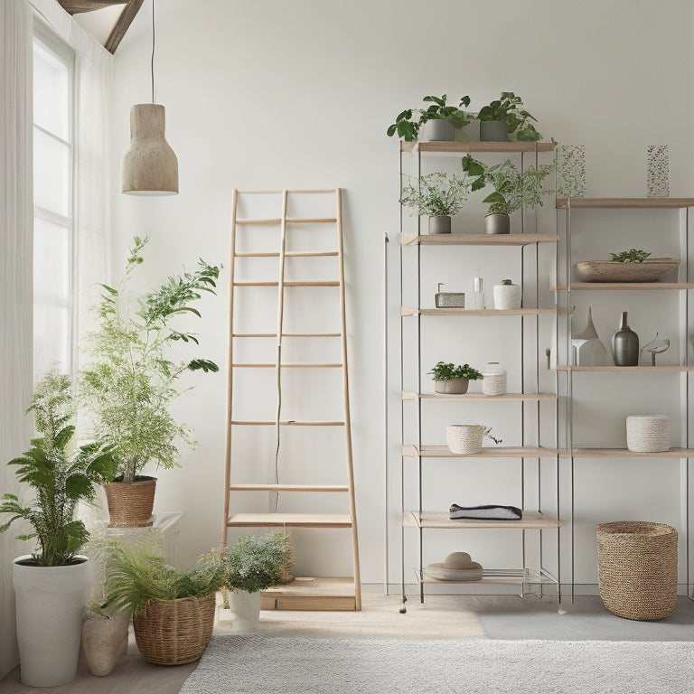 A minimalist, Scandinavian-style room with various Ivar shelving units in different configurations, showcasing eclectic decorative items, potted plants, and a vintage ladder, all bathed in warm, natural light.