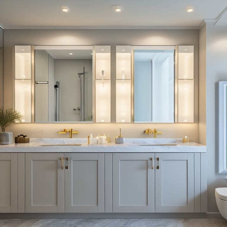 A modern bathroom with three wall-mounted mirror cabinets in different sizes and styles, with soft LED lights illuminating the mirrors, against a calming gray and white marble backdrop.