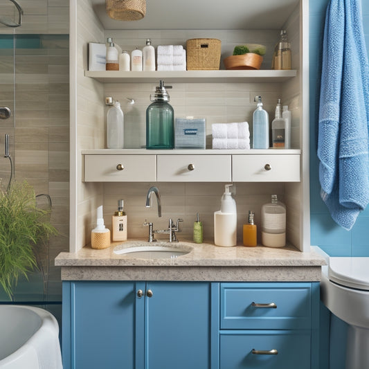 A cluttered bathroom sink area with toiletries and towels scattered around, contrasted with a sleek, organized storage cabinet and a few strategically placed baskets, highlighting the difference organization can make.