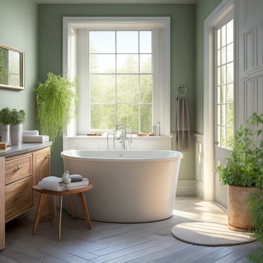 Generate an image depicting a serene bathroom scene with a freestanding tub centered, surrounded by calming neutral tones, soft lighting, and a subtle hint of greenery, showcasing varying tub sizes.