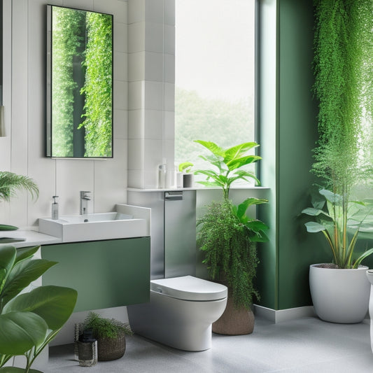 A sleek, modern bathroom with a wall-hung luxury toilet, chrome accents, and a large, frameless mirror reflecting a partially visible, minimalist sink and a few, strategically placed, lush green plants.