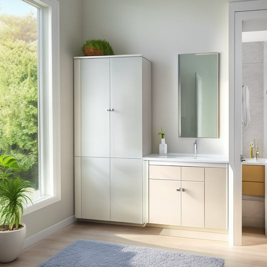 A serene, modern bathroom with a large, wall-mounted storage cabinet featuring frosted glass doors, soft-close shelves, and a sleek, chrome handle, surrounded by a minimalist decor and ample natural light.