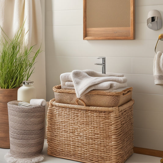 A tidy bathroom with a woven seagrass basket, a rattan basket, and a wicker basket, each containing rolled towels, situated on a sleek, gray quartz countertop amidst a minimalist backdrop.