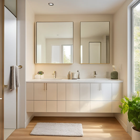 A serene, well-lit modern bathroom with a large, wall-to-wall mirror above a sleek, white, floor-to-ceiling cabinet featuring soft-close drawers and a recessed sink.