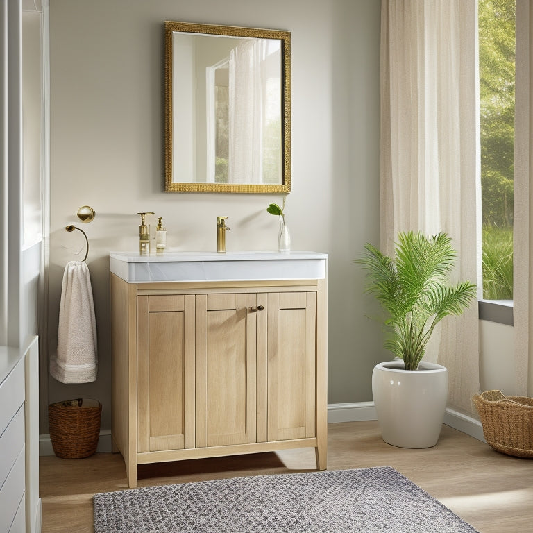 A serene, well-lit bathroom with a wall-mounted cabinet featuring clear glass doors, a pedestal sink with a slide-out drawer, and a woven storage basket beneath a sleek, modern vanity.
