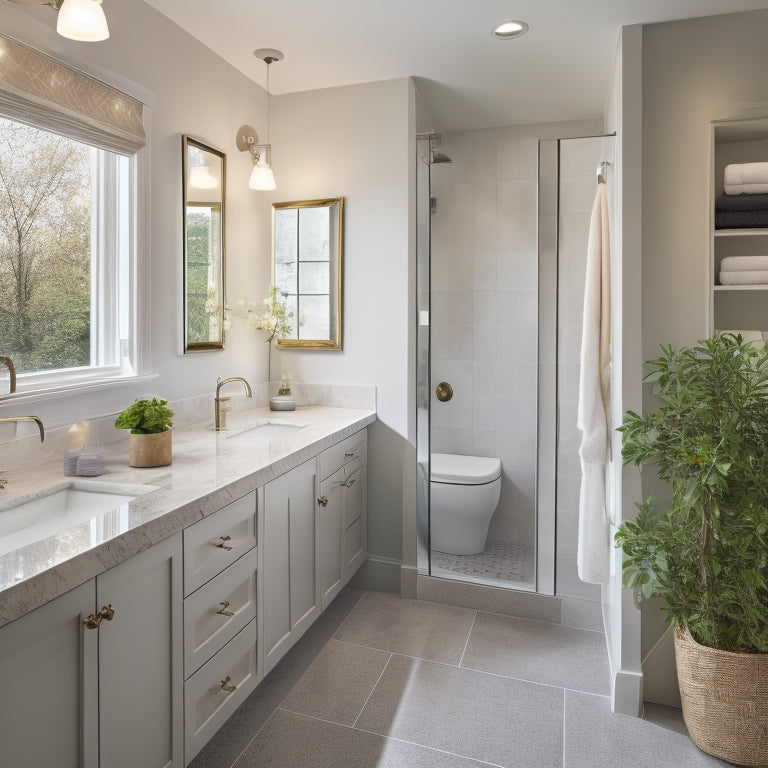 A serene, well-lit, modern master bathroom with a wall-mounted sink, a compact walk-in shower, and clever storage solutions such as recessed shelves, a mirrored cabinet, and a pedestal sink with built-in storage.