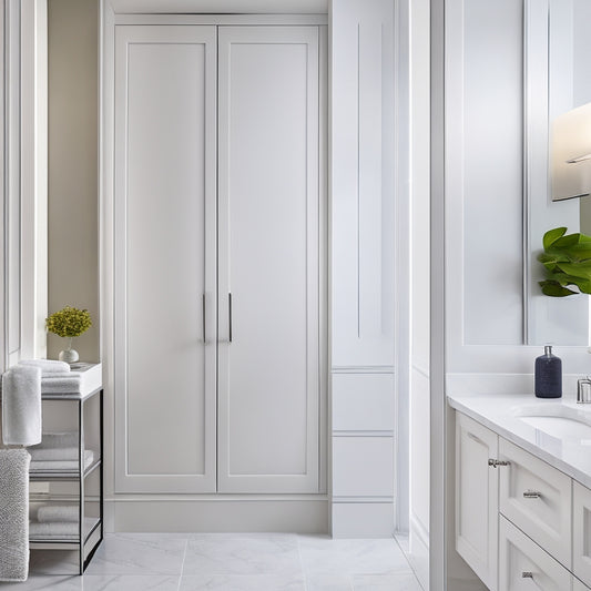 A modern bathroom with a wall-mounted cabinet featuring a mirrored door, a recessed shelf with rolled towels, and a sleek, chrome-finished towel rack, set against a calming white and gray marble backdrop.