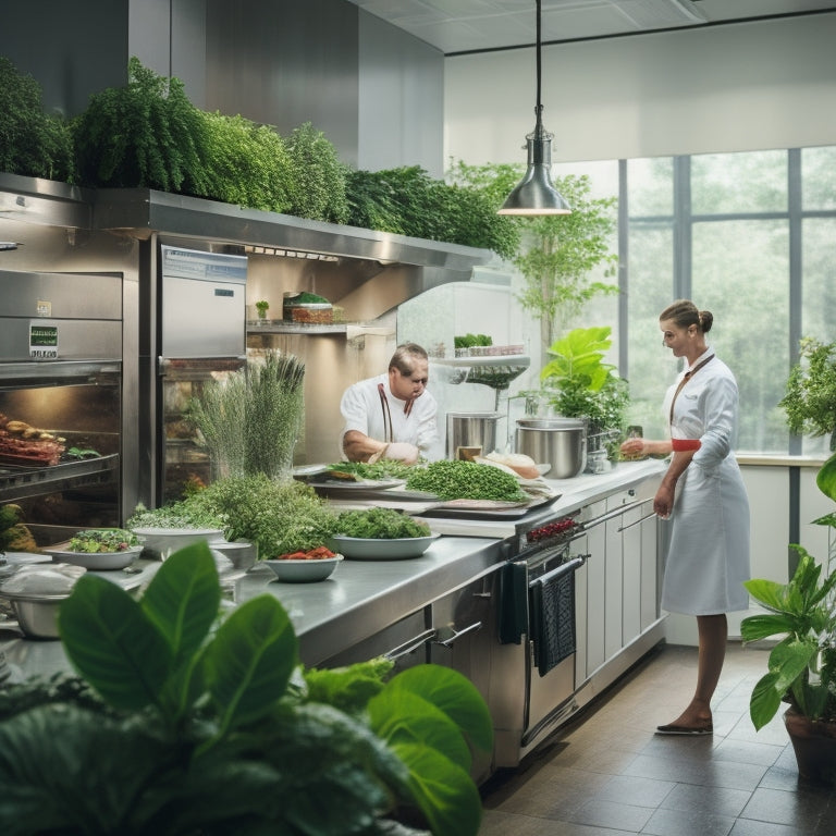 A bustling restaurant kitchen with stainless steel appliances, LED lighting, and a chef in a white apron, surrounded by lush green plants, with a subtle meter displaying a decreasing energy consumption graph in the background.