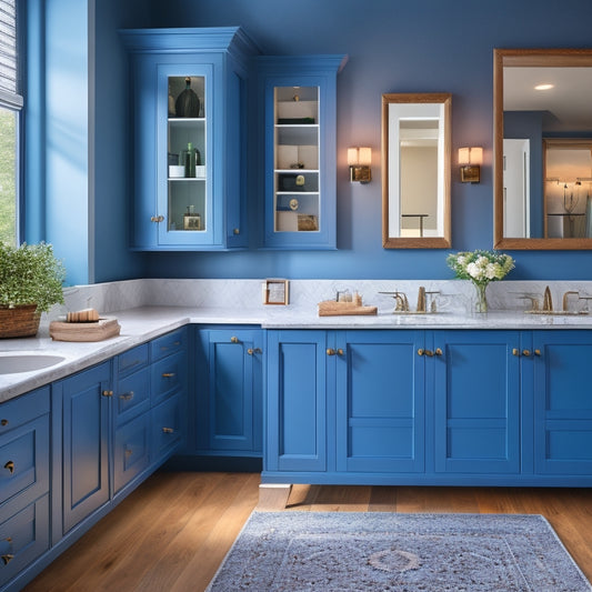 A beautifully styled bathroom with multiple cabinets in different colors, including soft blues, warm whites, rich woods, and bold blacks, against a neutral gray background.