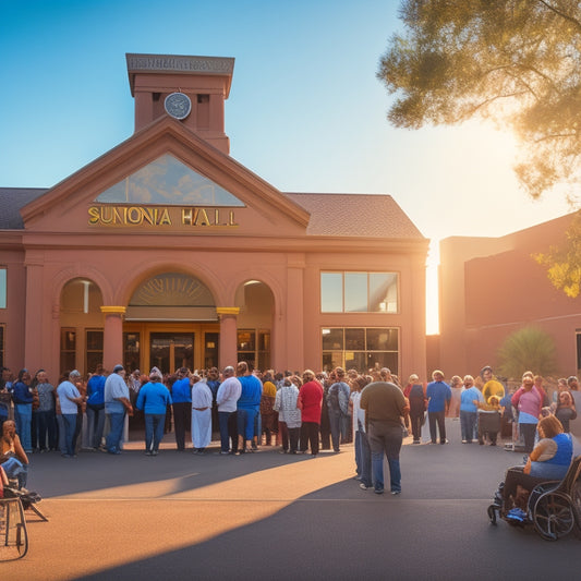 A sunlit Arizona town hall building with open doors, surrounded by diverse community members, healthcare workers, and volunteers, all wearing masks, gathered together, united, and working collaboratively.