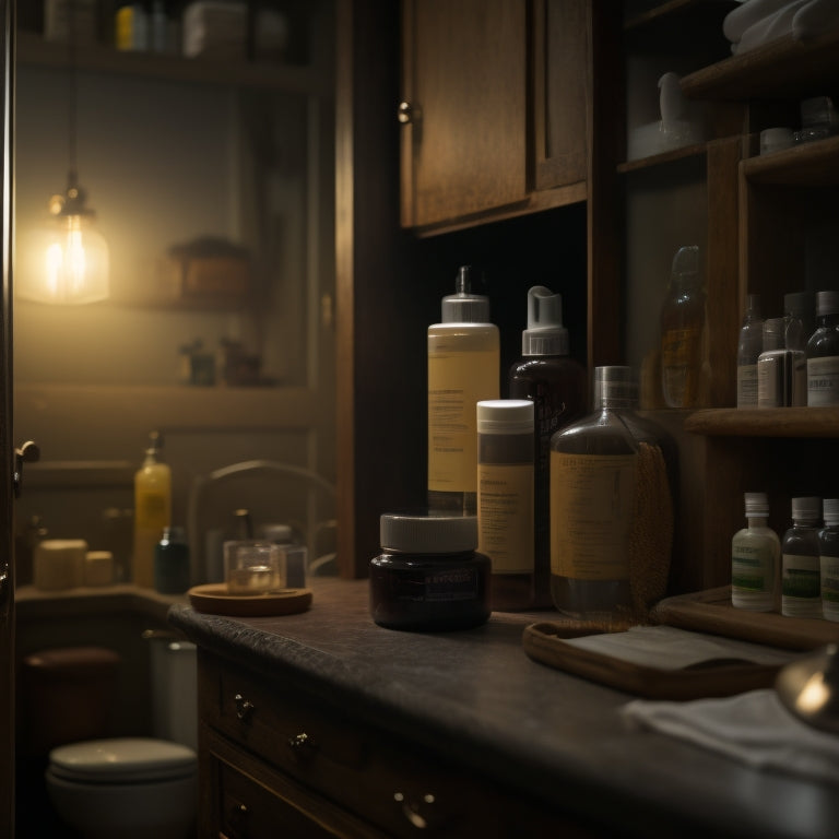 A dimly lit, cluttered bathroom cabinet with a worn, wooden door slightly ajar, revealing a chaotic mess of expired medicines, dusty beauty products, and mysterious, unmarked containers.