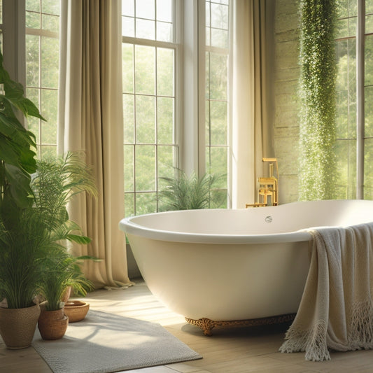 A serene bathroom scene featuring a freestanding tub centered beneath a large window with soft, white curtains, surrounded by lush greenery, warm wood accents, and soft, golden lighting.