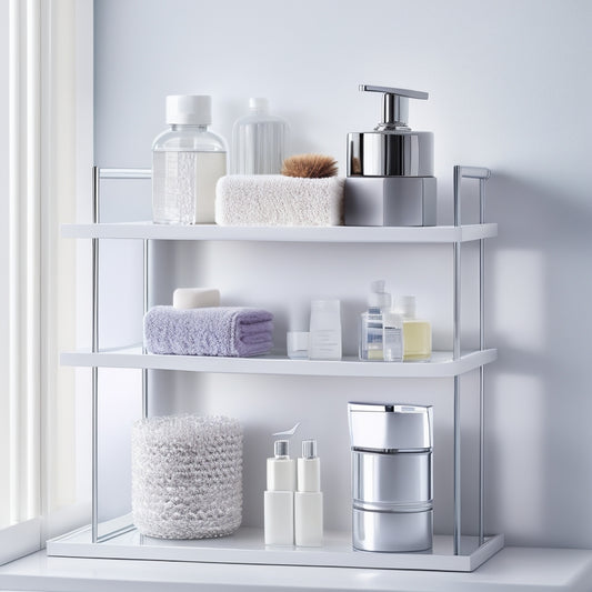 A bright, modern bathroom with a compact organizer set featuring 3-5 tiered shelves in a sleek, silver finish, holding various bathroom essentials, against a clean, white background.