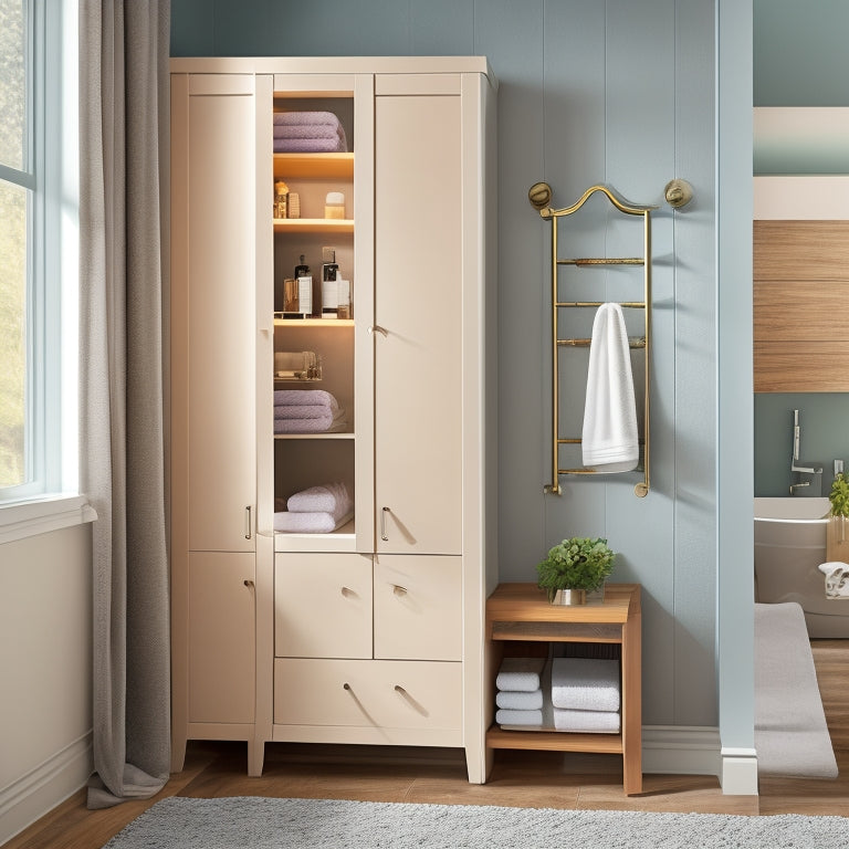 A stylish bathroom with three wall-mounted cabinet storage options: a mirrored cabinet with soft-close doors, a recessed medicine cabinet with adjustable shelves, and a modern floating cabinet with a towel rack.