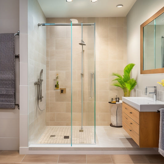 A clean and modern bathroom with a newly installed shower area, featuring a large glass enclosure, rainfall showerhead, and sleek tilework, with a subtle gradient of warm lighting.